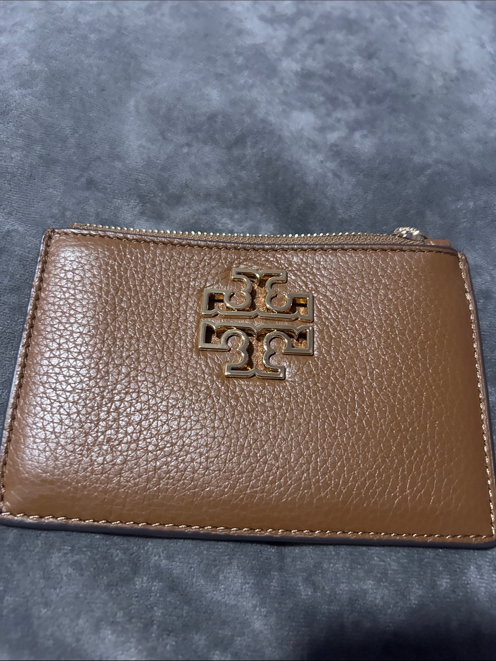 Tory Burch Cognac Pebbled Leather Zip Card Case with Gold Logo